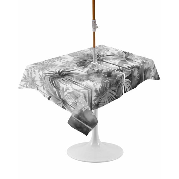 Outdoor Table Cloth with Umbrella Hole and Zipper, Summer Tropical Leaves Waterproof Rectangle Tablecloth 60"x102", Gray Palm Trees Botanical Washable Table Cover for Outside Party Patio Picnic