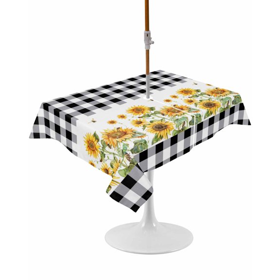 Outdoor Table Cloth with Umbrella Hole and Zipper, Sunflower Waterproof Rectangle Tablecloth 60"x102", Black White Buffalo Plaid Check Country Bee Washable Table Cover for Outside Party Patio Picnic