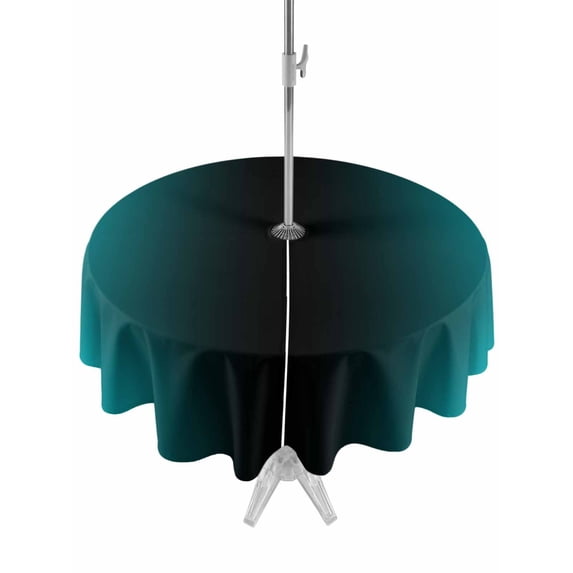Outdoor Table Cloth with Umbrella Hole and Zipper, Teal Black Ombre Waterproof Round Tablecloth 60 Inch, Gradient Contemporary Abstract Art Washable Table Cover for Outside Party Patio Picnic