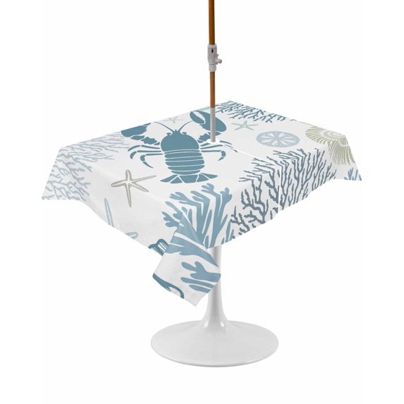 Outdoor Table Cloth with Umbrella Hole and Zipper, Teal Blue Coastal Waterproof Rectangle Tablecloth 60"x102", Summer Lobster Coral Nautical Washable Table Cover for Outside Party Patio Picnic