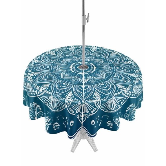 Outdoor Table Cloth with Umbrella Hole and Zipper, Teal Boho Floral Waterproof Round Tablecloth 60 Inch, Farmhouse Ethnic Tribal Abstract Art Washable Table Cover for Outside Party Patio Picnic