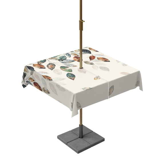 Outdoor Table Cloth with Umbrella Hole and Zipper, Teal Brown Botanical Waterproof Square Tablecloth 54"x54", Pastoral Fall Weeping Maple Leaf Washable Table Cover for Outside Party Patio Picnic