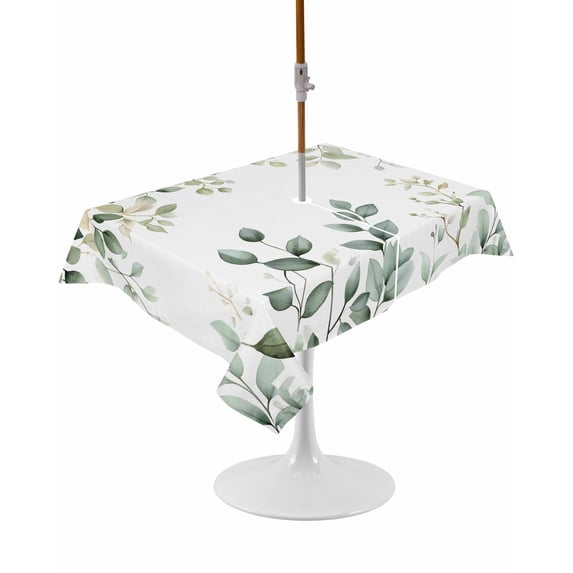 Outdoor Table Cloth with Umbrella Hole and Zipper, Teal Eucalyptus Leaves Waterproof Rectangle Tablecloth 54"x80", Summer Botanical Spring Weeping Washable Table Cover for Outside Party Patio Picnic