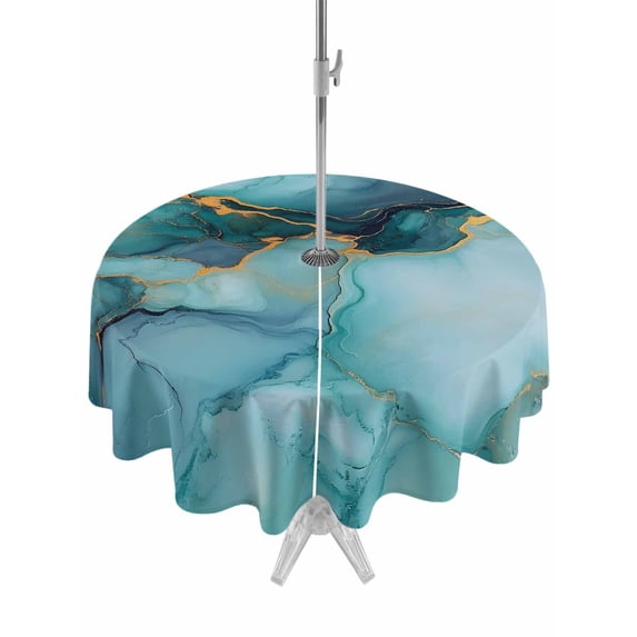 Outdoor Table Cloth with Umbrella Hole and Zipper, Teal Marble Waterproof Round Tablecloth 60 Inch, Modern Abstract Art Luxury Yellow Washable Table Cover for Outside Party Patio Picnic