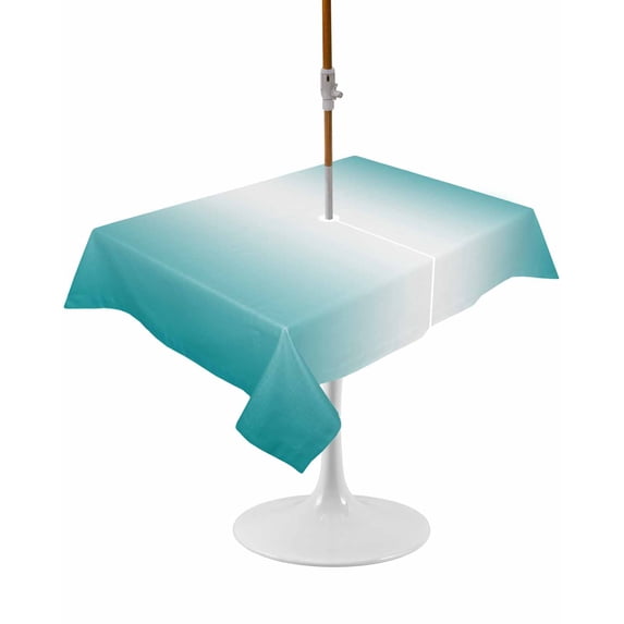 Outdoor Table Cloth with Umbrella Hole and Zipper, Teal Ombre Waterproof Rectangle Tablecloth 52"x70", Turquoise White Gradient Modern Abstract Art Washable Table Cover for Outside Party Patio Picnic