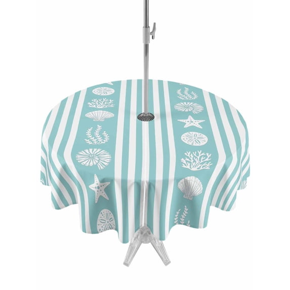 Outdoor Table Cloth with Umbrella Hole and Zipper, Teal Striped Coastal Waterproof Round Tablecloth 60 Inch, Nautical Beach Starfish Shell Washable Table Cover for Outside Party Patio Picnic