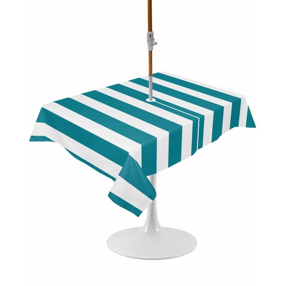 Outdoor Table Cloth with Umbrella Hole and Zipper, Teal Striped Waterproof Rectangle Tablecloth 52"x70", Simple Art Vertical Stripe Farmhouse Washable Table Cover for Outside Party Patio Picnic