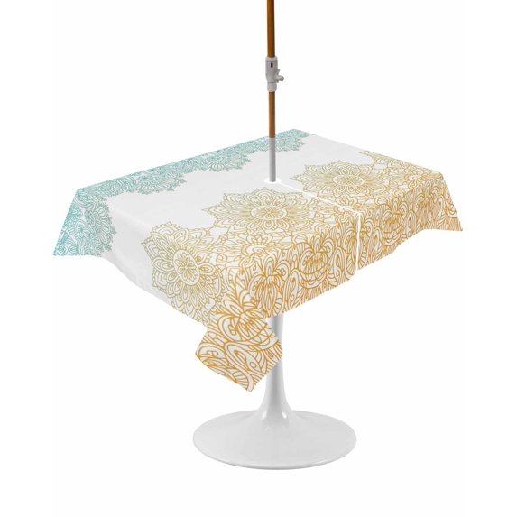Outdoor Table Cloth with Umbrella Hole and Zipper, Teal Yellow Boho Waterproof Rectangle Tablecloth 54"x80", Vintage Ethnic Tribe Abstract Art Washable Table Cover for Outside Party Patio Picnic