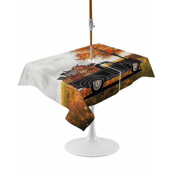 Outdoor Table Cloth with Umbrella Hole and Zipper,Thanksgiving Pumpkins Waterproof Rectangle Tablecloth 54"x80",Fall Cart Yellow Tree Country Rustic Table Cover for Outside Party Patio Picnic
