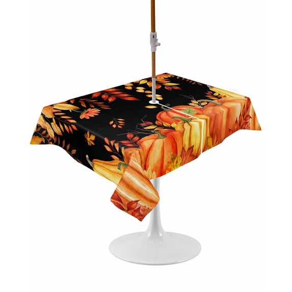 Outdoor Table Cloth with Umbrella Hole and Zipper, Thanksgiving Waterproof Rectangle Tablecloth 54"x80", Orange Red Pumpkin Autumn Black Country Washable Table Cover for Outside Party Patio Picnic