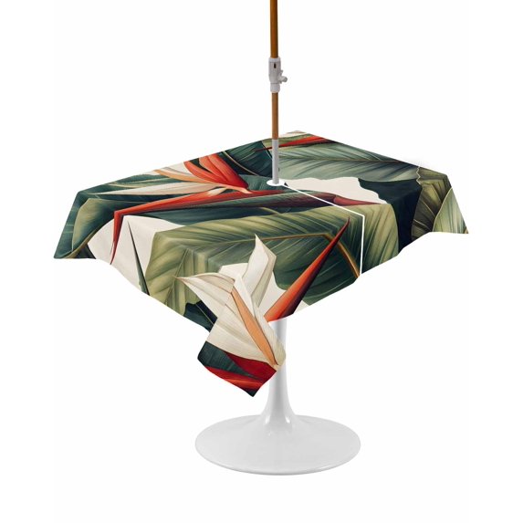 Outdoor Table Cloth with Umbrella Hole and Zipper, Tropical Plants Waterproof Rectangle Tablecloth 54"x80", Watercolor Summer Botanical Leaves Washable Table Cover for Outside Party Patio Picnic