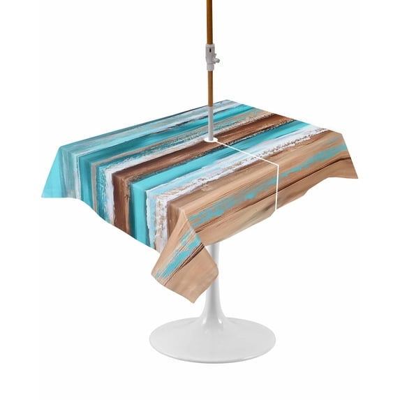 Outdoor Table Cloth with Umbrella Hole and Zipper, Turquoise Brown Waterproof Rectangle Tablecloth 54"x80", Abstract Wood Grain Gradient Stripes Washable Table Cover for Outside Party Patio Picnic