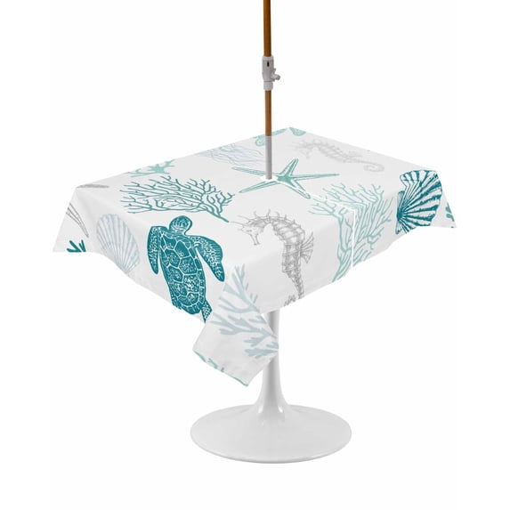 Outdoor Table Cloth with Umbrella Hole and Zipper,Turquoise Coastal Waterproof Rectangle Tablecloth 52"x70",Nautical Summer Beach Coral Sea Turtle Washable Table Cover for Outside Party Patio Picnic