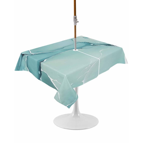 Outdoor Table Cloth with Umbrella Hole and Zipper, Turquoise Waterproof Rectangle Tablecloth 54"x80", Modern Marble Ink Painting Abstract Art Washable Table Cover for Outside Party Patio Picnic