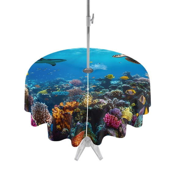Outdoor Table Cloth with Umbrella Hole and Zipper, Turtle Waterproof Round Tablecloth 60 Inch, Blue Ocean Sea Shark Coral Cartoon Fish Summer Washable Table Cover for Outside Party Patio Picnic
