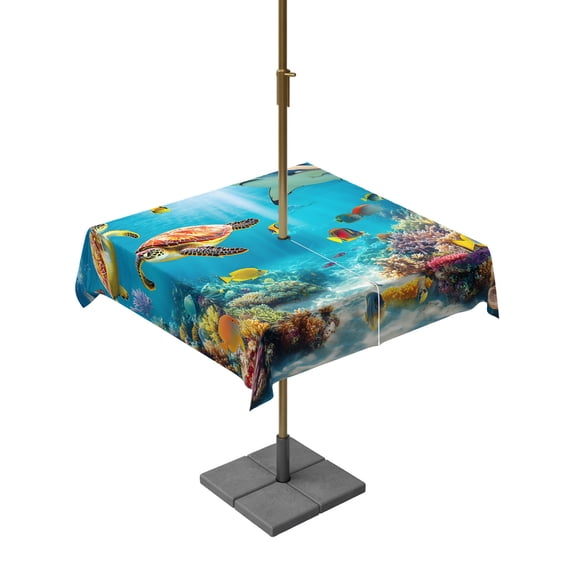 Outdoor Table Cloth with Umbrella Hole and Zipper, Turtle Waterproof Square Tablecloth 54"x54", Shark Ocean Coral Underwater Scenery Sea Washable Table Cover for Outside Party Patio Picnic