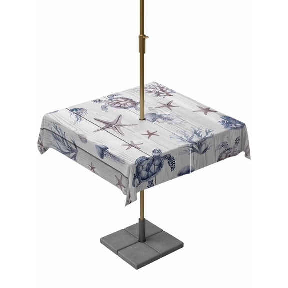 Outdoor Table Cloth with Umbrella Hole and Zipper, Vintage Coastal Waterproof Square Tablecloth 54"x54", Nautical Summer Beach Sea Turtle Starfish Washable Table Cover for Outside Party Patio Picnic