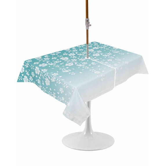 Outdoor Table Cloth with Umbrella Hole and Zipper, Weeping Flowers Waterproof Rectangle Tablecloth 60"x102", Teal Ombre Spring Floral Botanical Art Washable Table Cover for Outside Party Patio Picnic