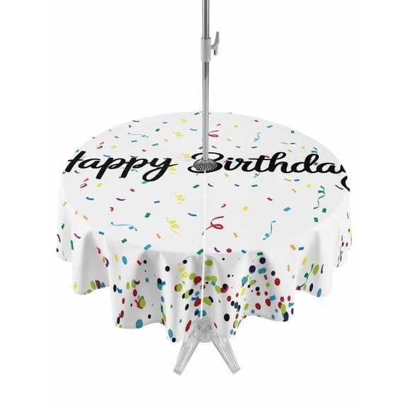 Outdoor Table Cloth with Umbrella Hole and Zipper,White Birthday Waterproof Round Tablecloth 54 Inch,Colorful Confetti Ribbons Polka Dots Classroom Washable Table Cover for Outside Party Patio Picnic