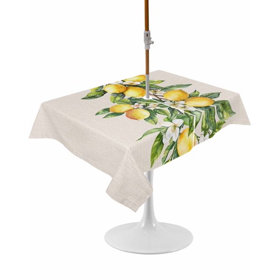 Outdoor Table Cloth with Umbrella Hole and Zipper, Yellow Lemon Waterproof Rectangle Tablecloth 54"x80", Spring Botanical Leaves Fruit Farmhouse Washable Table Cover for Outside Party Patio Picnic