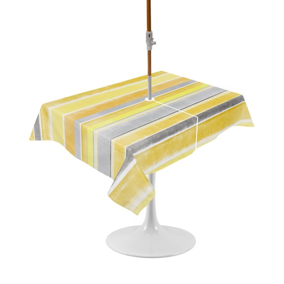 Outdoor Table Cloth with Umbrella Hole and Zipper, Yellow Nordic Style Stripes Waterproof Rectangle Tablecloth 54"x80", Yellow Gray Texture Washable Table Cover for Outside Party Patio Picnic