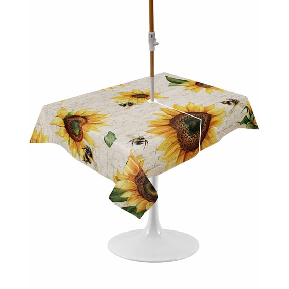 Outdoor Table Cloth with Umbrella Hole and Zipper, Yellow Sunflowers Waterproof Rectangle Tablecloth 60"x102", Summer Farmhouse Retro Beige Washable Table Cover for Outside Party Patio Picnic