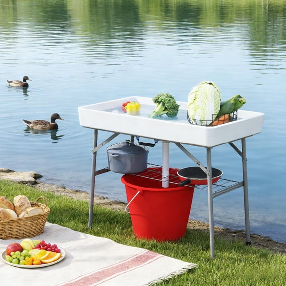 Outdoor Table Cooler,White Folding Ice Cooler Table