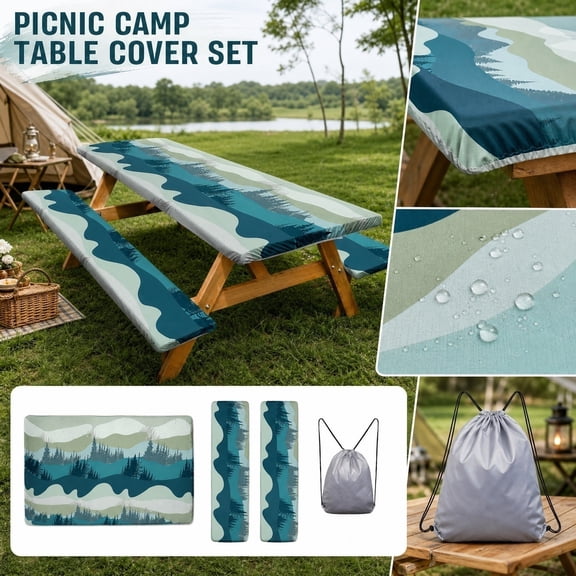 Outdoor Table Covers, Fitted Picnic Table Cover with Bench Covers, Rectangular Table Cover, Heavy Duty Fabric, Water Resistant Stain Resistant Uv Protected Teal Blue Sage Green