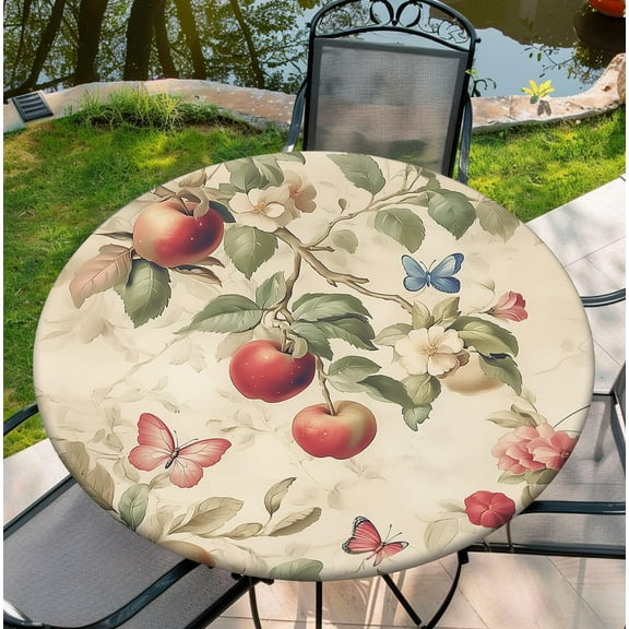 Outdoor Table Covers Waterproof for Dinner, Apple 52 Inch Fall Round Tablecloth with Elastic Design Useful for Daily Life