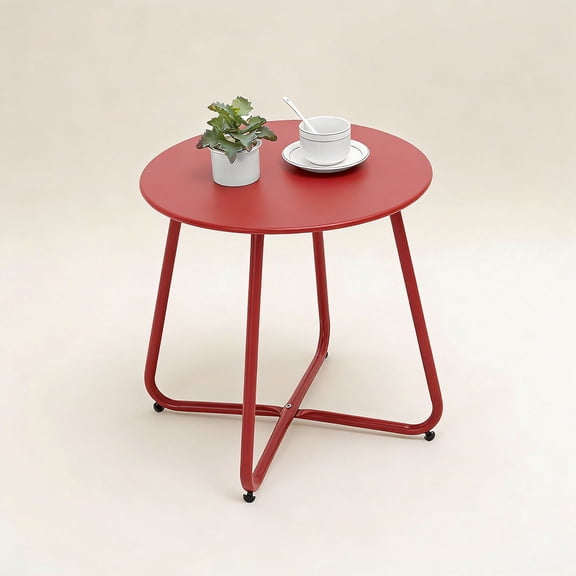 Outdoor Table Small Patio Side Table, Round Metal Side Table, Weatherproof, Portable, Outdoor End Table for Garden, Balcony, Yard (Red)