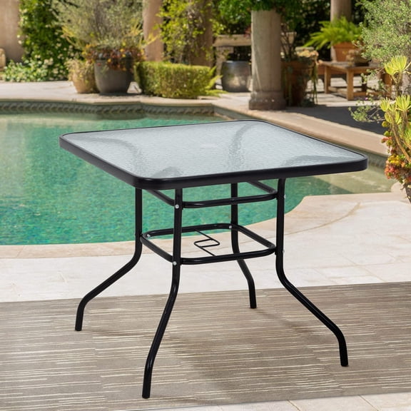 Outdoor  Table with Umbrella Hole, 32 inches Tempered Glass Top Square  Table,Conversation Coffee Table Metal Steel Frame All-Weather Furniture for Balcony, Backyard and Poolside