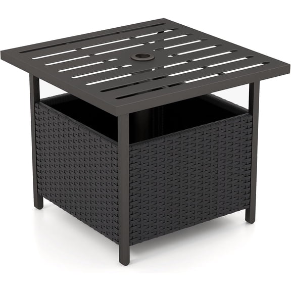 Outdoor Table with Umbrella Hole, Rattan Umbrella Stand Table, Wicker Outside Side Table with Steel Metal Frame, Patio Bistro Table for Deck Garden Pool Yard, 22 x 22 x 18.5 Inch (Black)