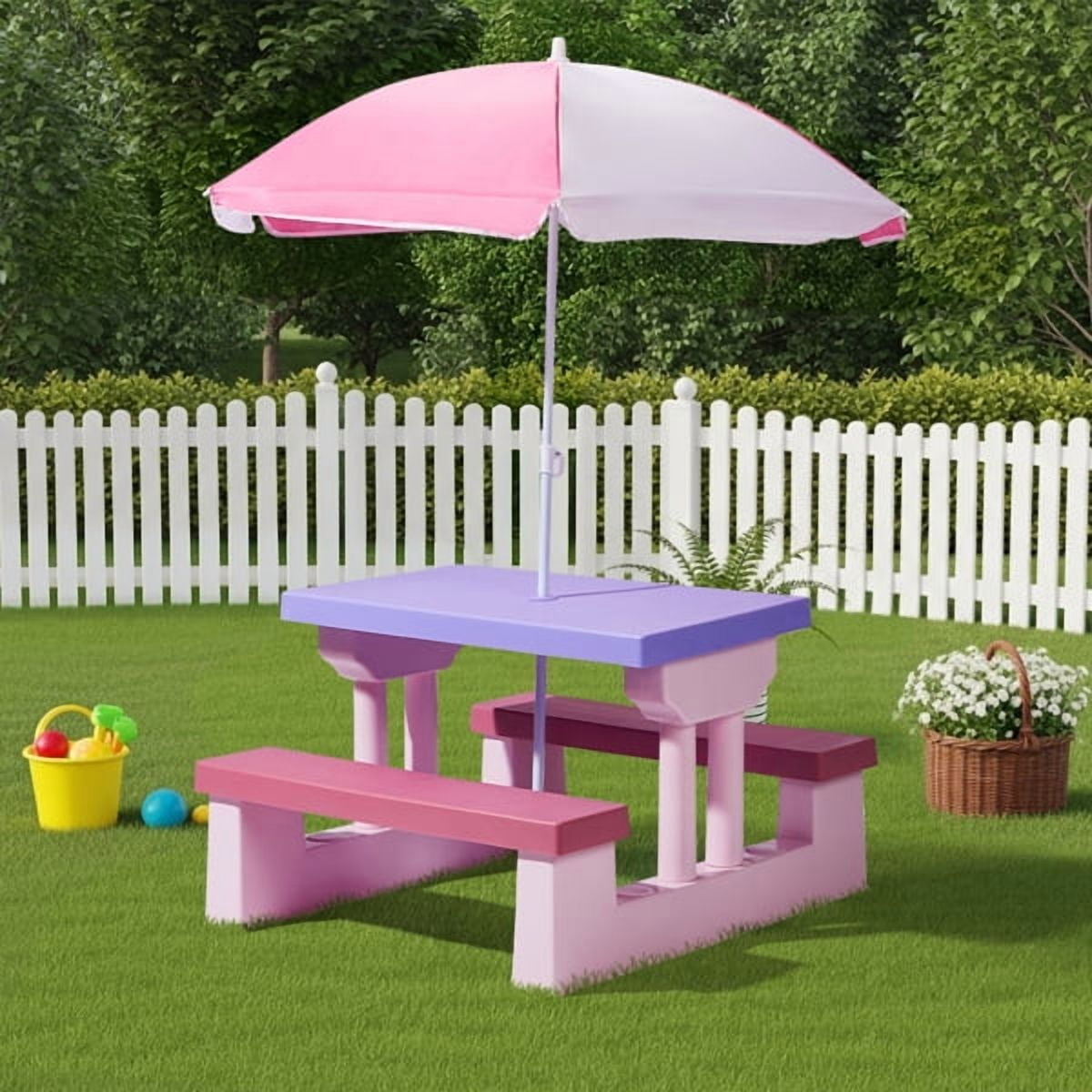 Outdoor Table and Chair Set with Removable Umbrella, Kids Picnic Table for Backyard Garden Patio, Pink & Purple