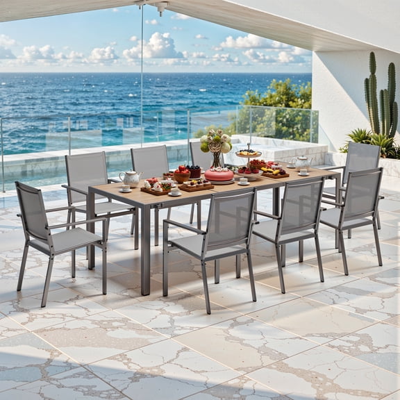 Outdoor Table and Chairs For 8, Asofer 9 Pcs Outdoor Patio Dining Set with Metal Table with Umbrella Hole&Textilene Chairs for Garden & Yard, Gray
