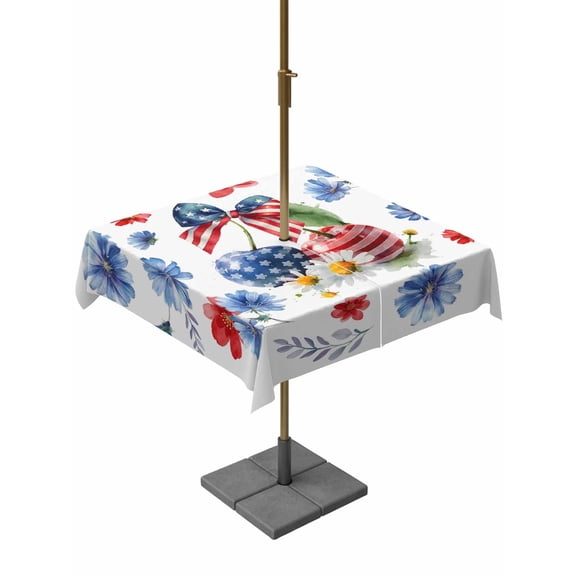 Outdoor Tablecloth - 54"x54" Square Table Cloths USA Flag Cherries with Bow - Washable Table Cover with Zipper and Umbrella Hole for Patio Garden Picnic