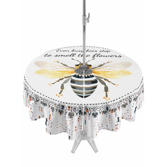 Outdoor Tablecloth - 60" Round Table Cloths Abstract Wave Point Bee Texts - Washable Table Cover with Zipper and Umbrella Hole for Patio Garden Picnic