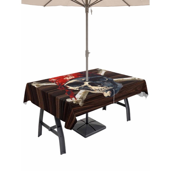 Outdoor Tablecloth - 60"x84" Rectangle Table Cloths Abstract Punk Pirate Skull - Washable Table Cover with Zipper and Umbrella Hole for Patio Garden Picnic