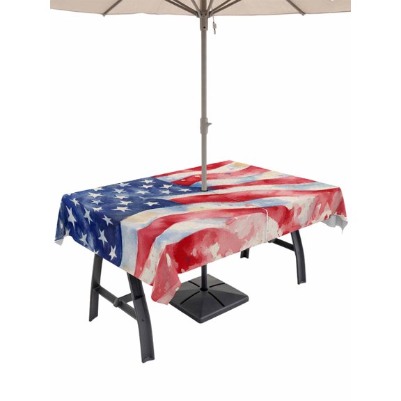 Outdoor Tablecloth - 60"x84" Rectangle Table Cloths Independence Day Watercolor Old Glory - Washable Table Cover with Zipper and Umbrella Hole for Patio Garden Picnic