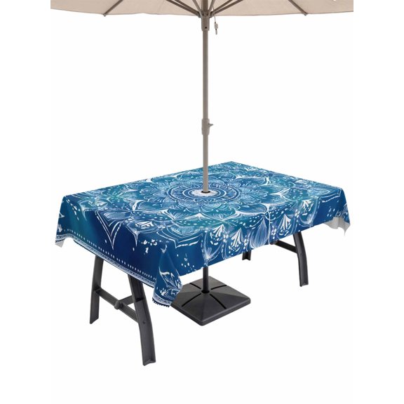 Outdoor Tablecloth - 60"x84" Rectangle Table Cloths Retro Ethnic Tribal Flower Pattern - Washable Table Cover with Zipper and Umbrella Hole for Patio Garden Picnic