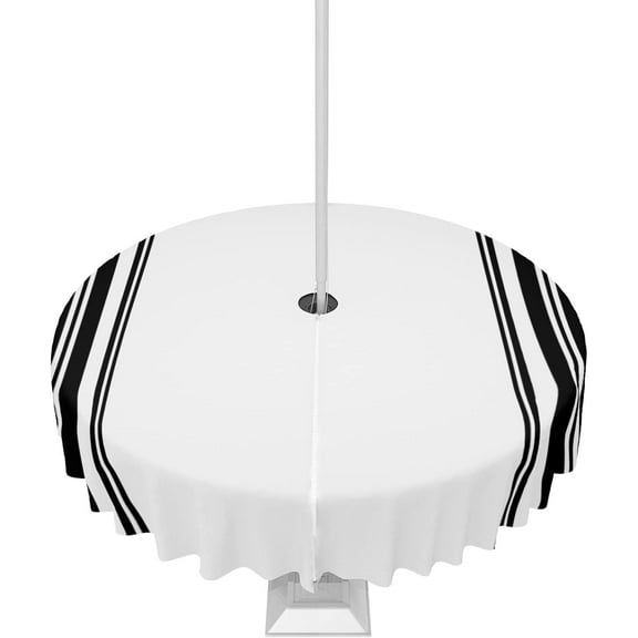 Outdoor Tablecloth Black Ticking Vertically Stripe Round Patio Tablecloths 60 Inch, Outside Table Cloths with Umbrella Hole and Zipper, Simple White Summer Table Cover for Outdoor Tables, Picnic,