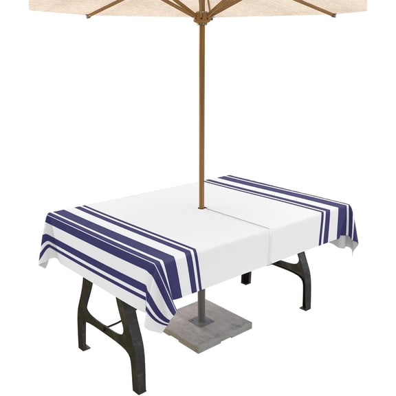 Outdoor Tablecloth Blue Stripes Rectangle Patio Tablecloths 60x120, Waterproof Outside Table Cloths with Umbrella Hole and Zipper, Simple Style Summer Table Cover for Outdoor Tables Garden