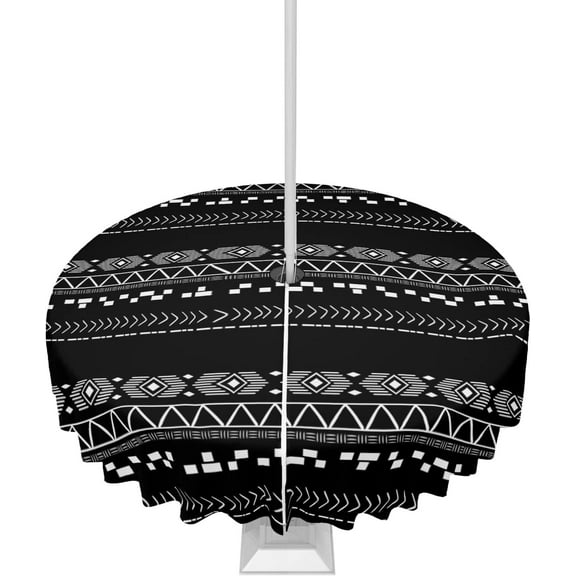 Outdoor Tablecloth Boho Stripe Round Patio Tablecloths 60 Inch, Waterproof Outside Table Cloths with Umbrella Hole and Zipper, Black White Summer Table Cover for Outdoor Tables Garden