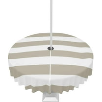 Outdoor Tablecloth Classical Stripe Round Patio Tablecloths 60 Inch, Waterproof Outside Table Cloths with Umbrella Hole and Zipper, Beige Summer Table Cover for Outdoor Tables, Picnic,