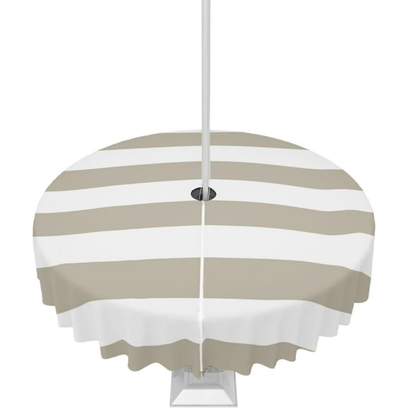 Outdoor Tablecloth Classical Stripe Round Patio Tablecloths 60 Inch, Waterproof Outside Table Cloths with Umbrella Hole and Zipper, Beige Summer Table Cover for Outdoor Tables, Picnic,