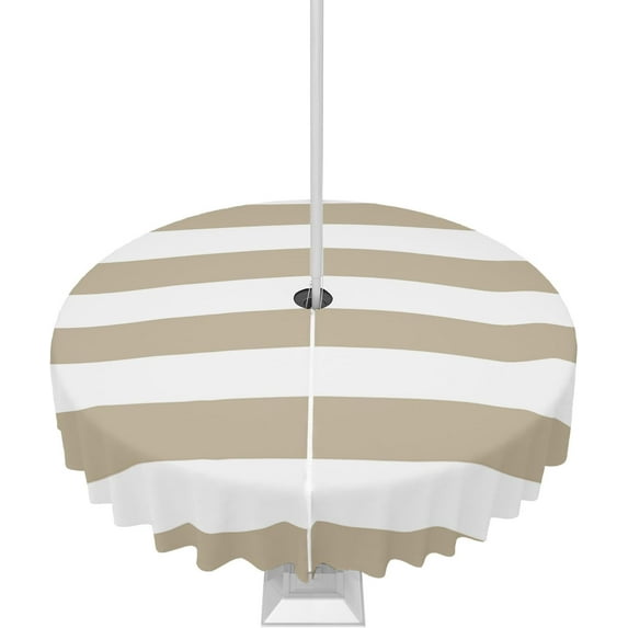 Outdoor Tablecloth Classical Stripe Round Patio Tablecloths 60 Inch, Waterproof Outside Table Cloths with Umbrella Hole and Zipper, Khaki Summer Table Cover for Outdoor Tables, Picnic,