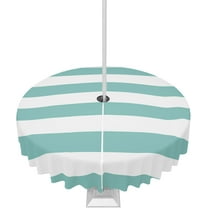 Outdoor Tablecloth Classical Stripe Round Patio Tablecloths 60 Inch, Waterproof Outside Table Cloths with Umbrella Hole and Zipper, Teal Blue Summer Table Cover for Outdoor Tables, Picnic,