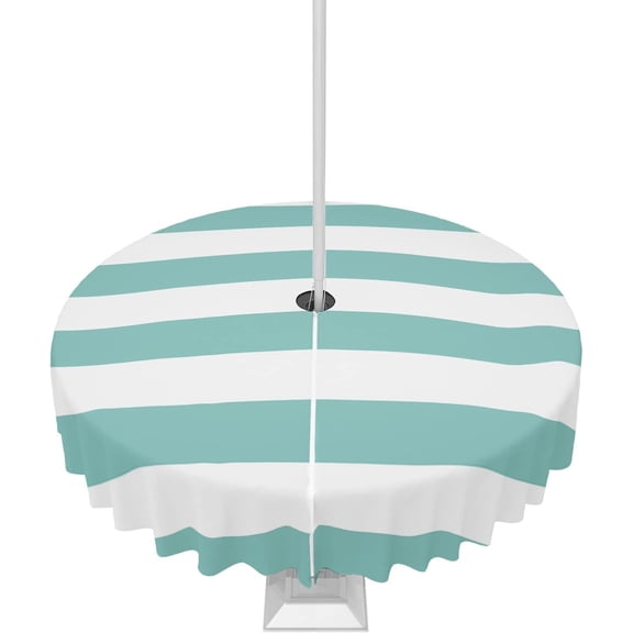 Outdoor Tablecloth Classical Stripe Round Patio Tablecloths 60 Inch, Waterproof Outside Table Cloths with Umbrella Hole and Zipper, Teal Blue Summer Table Cover for Outdoor Tables, Picnic,