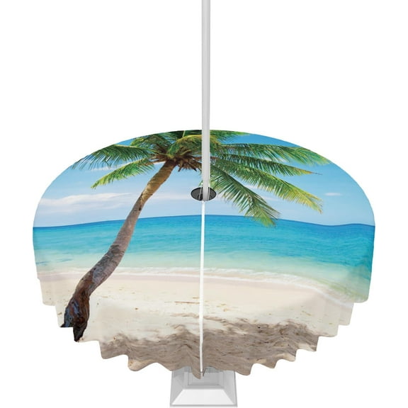 Outdoor Tablecloth Coconut Palm Tree Round Patio Tablecloths 60 Inch, Outside Table Cloths with Umbrella Hole and Zipper, Hawaii Beach Sand Summer Table Cover for Outdoor Tables, Picnic,