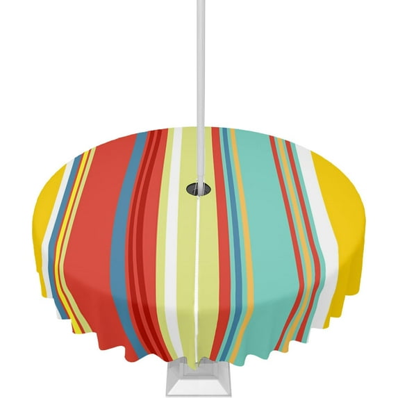 Outdoor Tablecloth Colorful Stripes Round Patio Tablecloths 60 Inch, Waterproof Outside Table Cloths with Umbrella Hole and Zipper, Boho Style Summer Table Cover for Outdoor Tables Garden