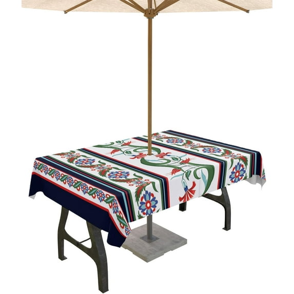 Outdoor Tablecloth Ethnic Floral Pattern Rectangle Patio Tablecloths 60x120, Waterproof Outside Table Cloths with Umbrella Hole and Zipper, Stripes Summer Table Cover for Outdoor Tables Garden